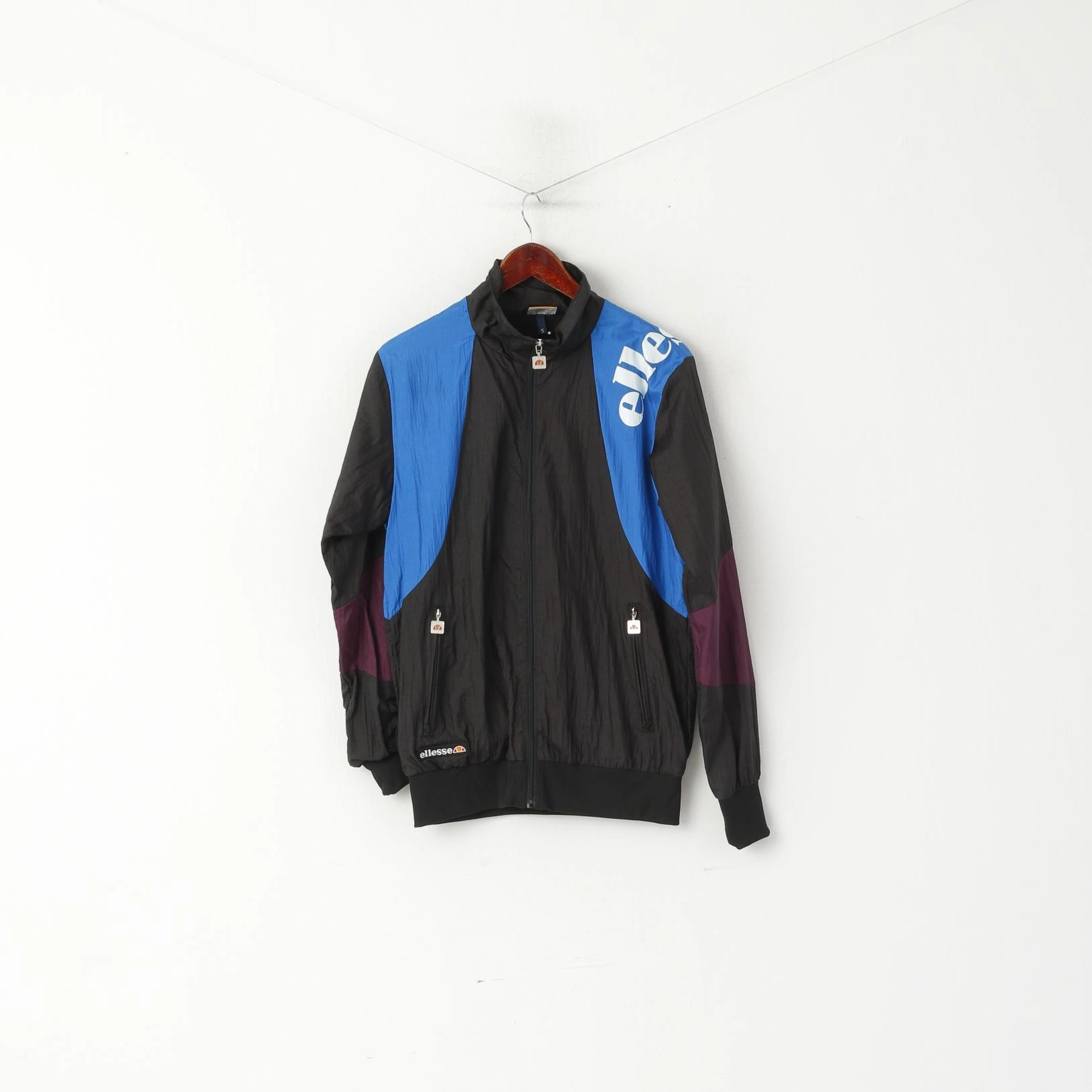 Ellesse Men S Jacket Black Shiny Vintage Full Zip Two Pocket Activewear Track Top Flexible Layering Layer Up