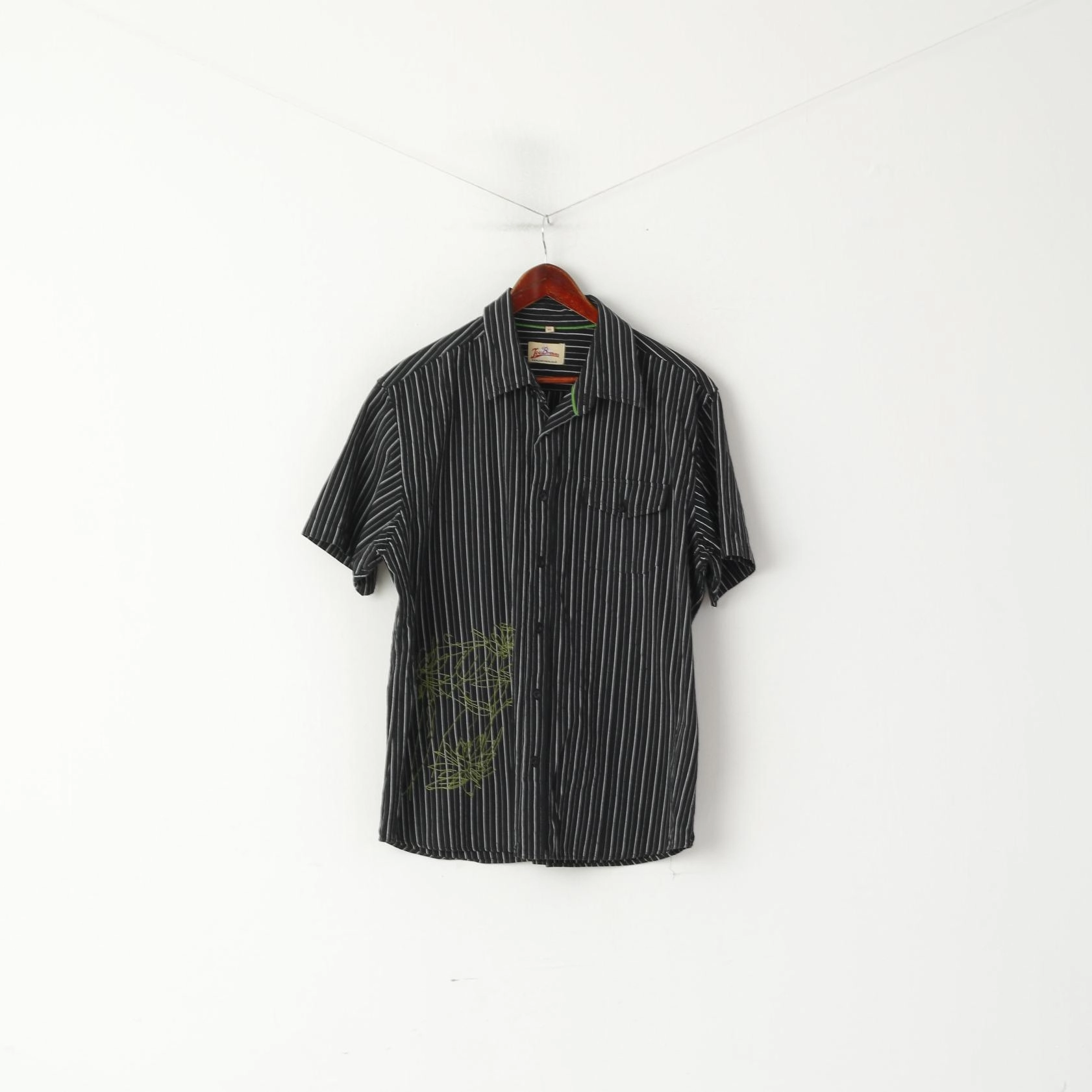 Joe Browns Men XL Casual Shirt Black Cotton Striped Embroidered Pocket Top Corporate Wear Summer Must-have