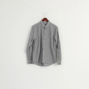 Solid Hue Anniversary Celebration Pretty Green Men L Casual Shirt Black White Check Cotton Long Sleeve Pocket Top