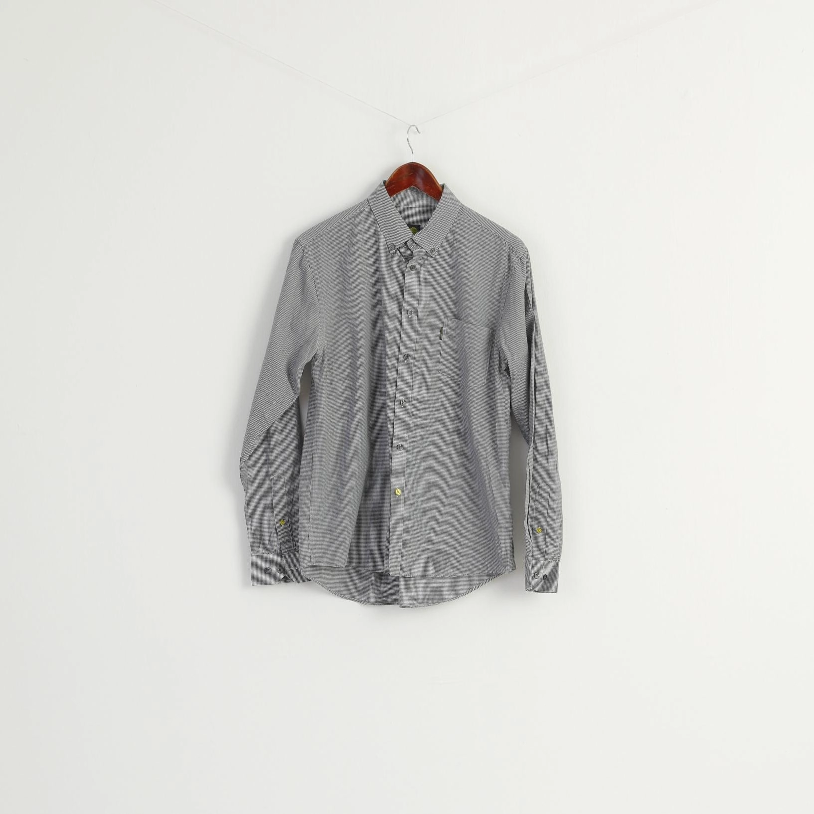 Solid Hue Anniversary Celebration Pretty Green Men L Casual Shirt Black White Check Cotton Long Sleeve Pocket Top