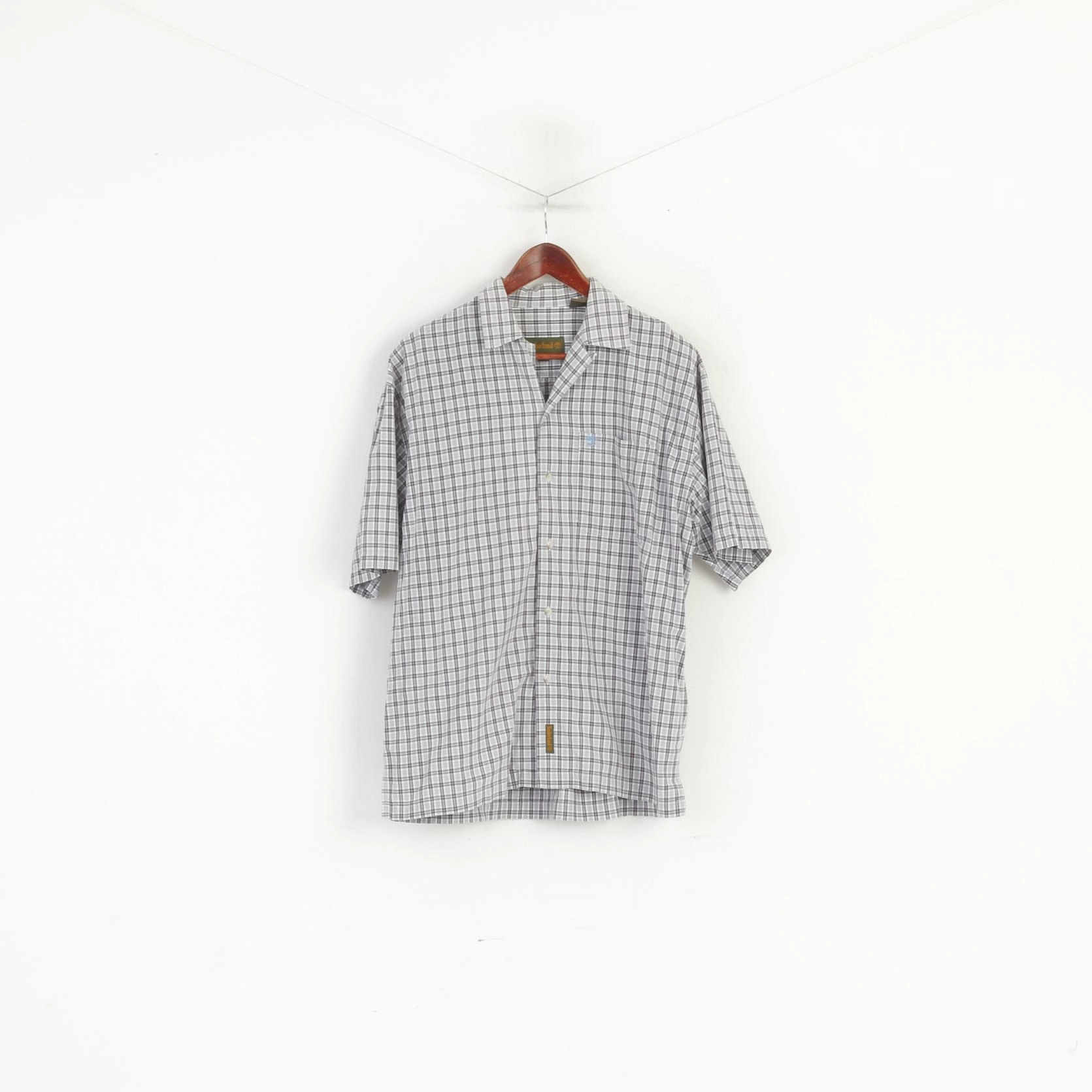 Festive Look Timberland Men S (L) Casual Shirt Blue Cotton Check Vintage Short Sleeve Top