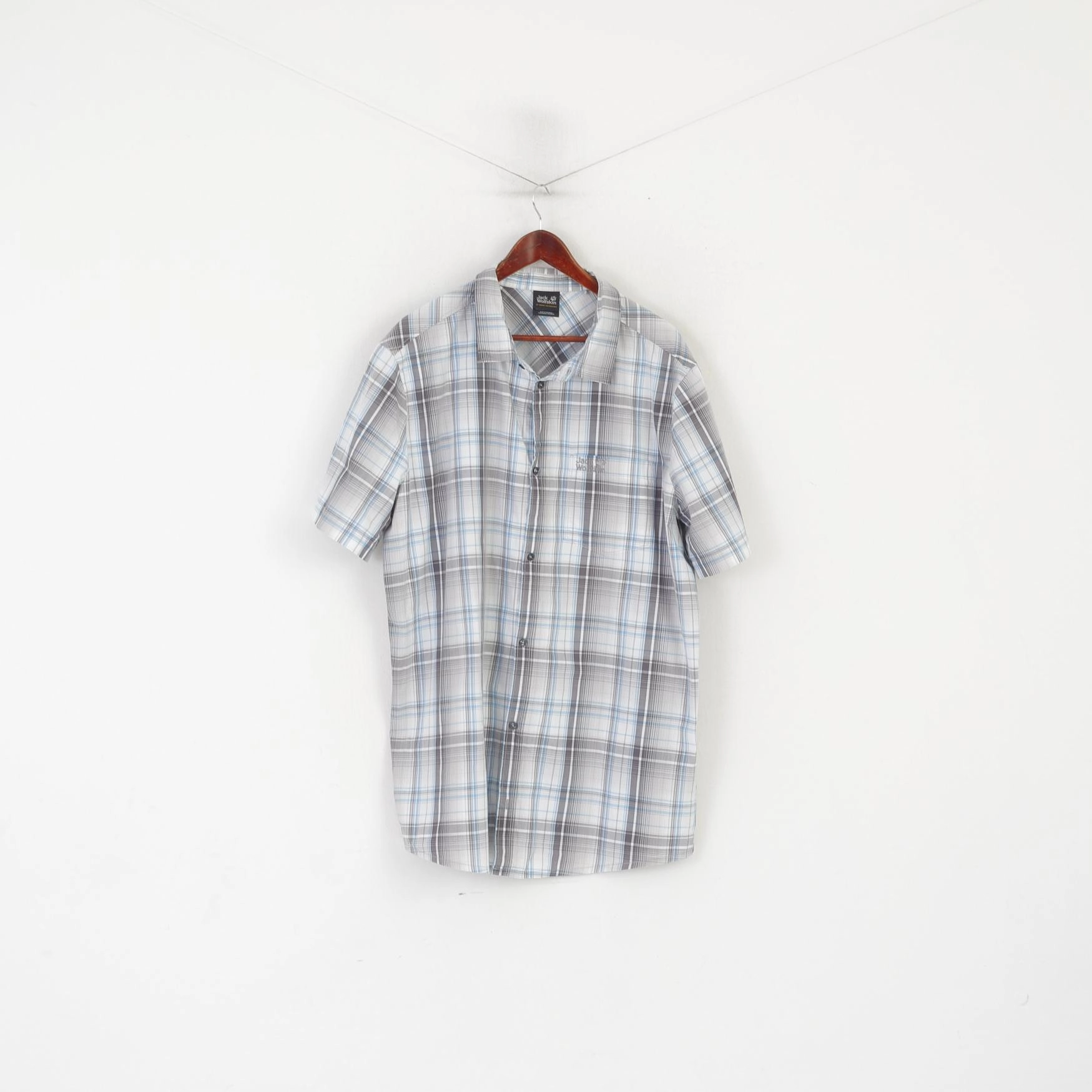 Winter Essentials Anti Odor Treatment Jack Wolfskin Men 3XL Casual Shirt Gray Cotton Check Outdoor Short Sleeve Top