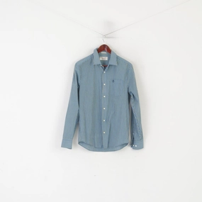 Penguin Men M Casual Shirt Blue Cotton Striped Heritage Slim Fit Long Sleeve Top garden party