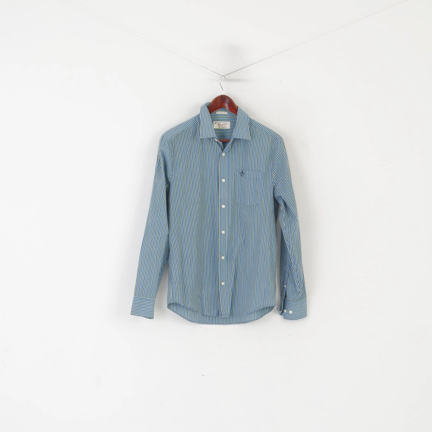 Penguin Men M Casual Shirt Blue Cotton Striped Heritage Slim Fit Long Sleeve Top garden party
