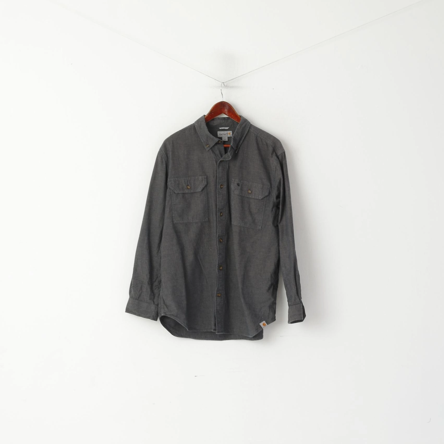 Work Appropriate Structured Collar Carhartt Men L Casual Shirt Gray Cotton Relaxed Fit Long Sleeve Pockets Top