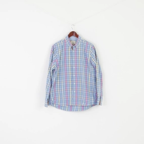 Vedoneire Men L Casual Shirt Blue Check Cotton Long Sleeve Button Down Collar Top Earthy Hue