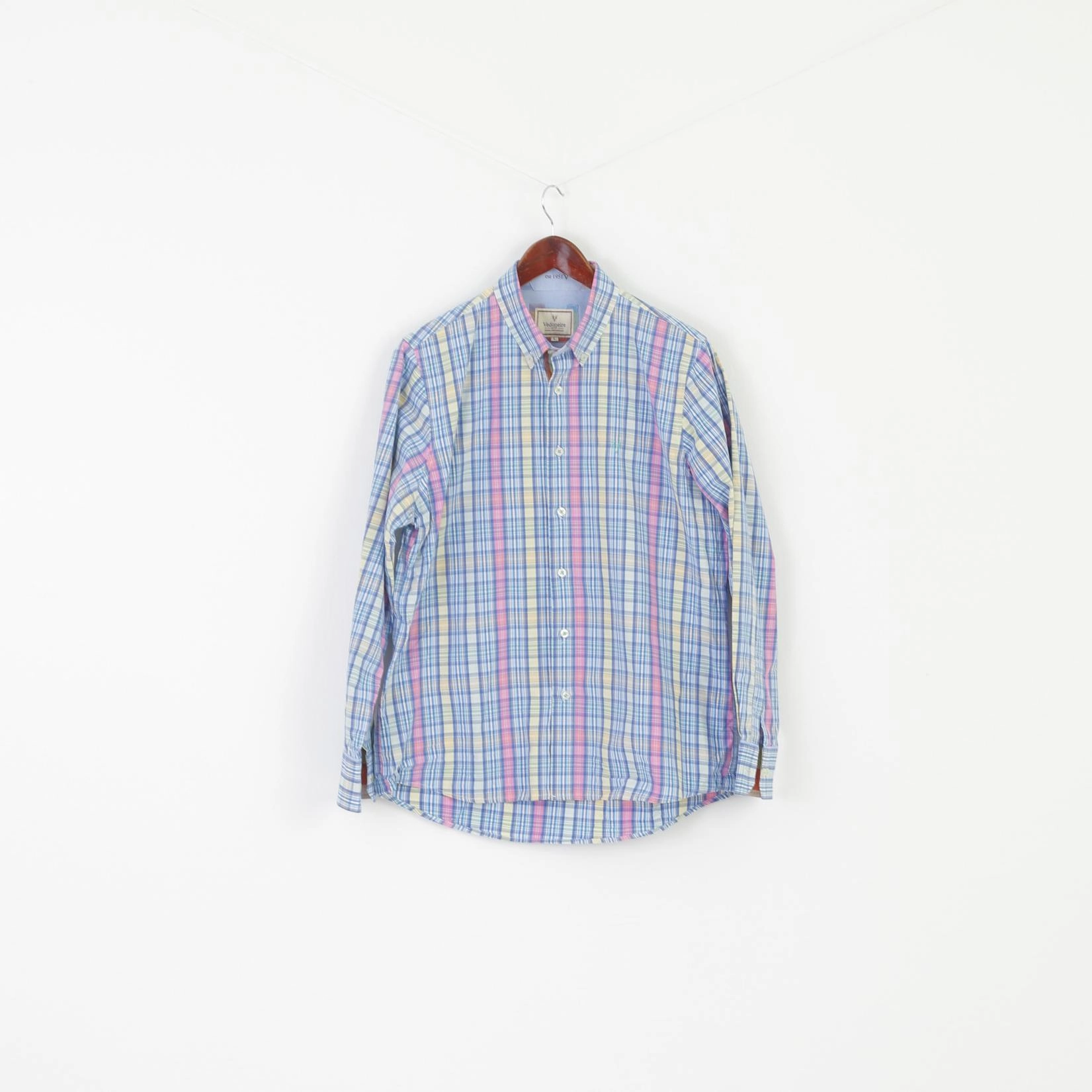 Vedoneire Men L Casual Shirt Blue Check Cotton Long Sleeve Button Down Collar Top Earthy Hue