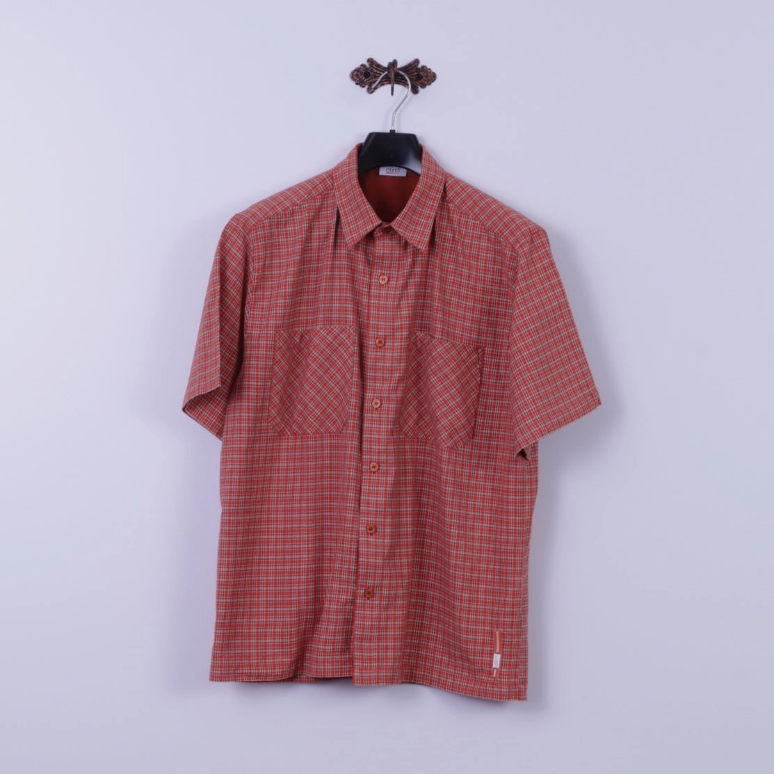 Etirel Mens L Casual Shirt Orange Check Cotton Two Pockets Outdoor Short Sleeve Comfort Fit Weekend Adventure