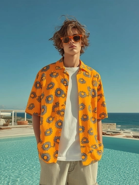 Premium Finish Workwear Ready ETNIC Men L Casual Shirt Yellow Sunflowers Print Vintage Cotton Short Sleeve Top