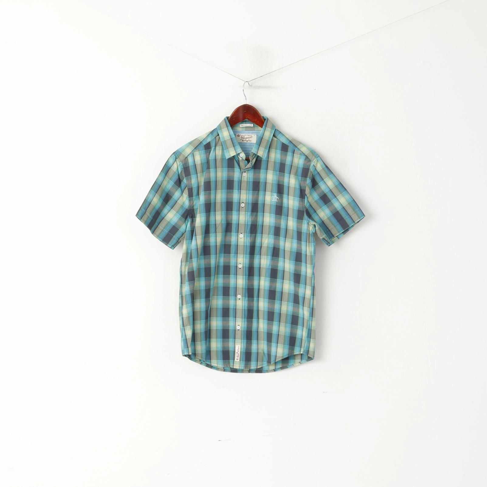 Penguin Men S Casual Shirt Blue Cotton Heritage Slim Fit Checkered Short Sleeve Night Out