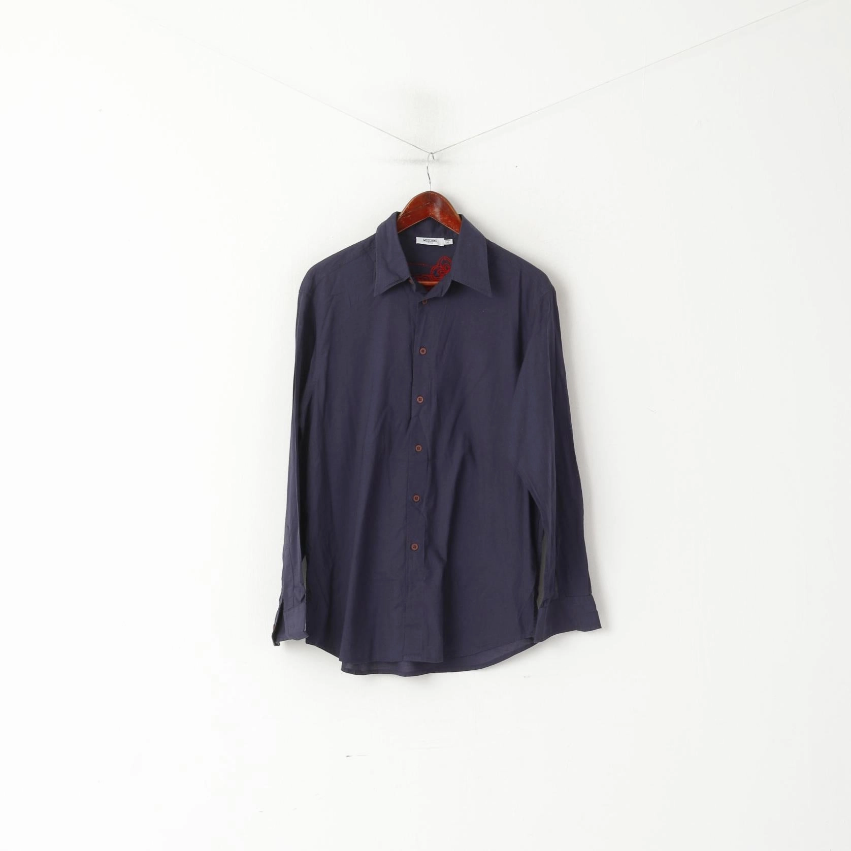 Moschino Jeans Men M Casual Shirt Navy Cotton Emroidered Back Long Sleeve Top Adjustable Cuffs