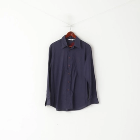 Moschino Jeans Men M Casual Shirt Navy Cotton Emroidered Back Long Sleeve Top Adjustable Cuffs