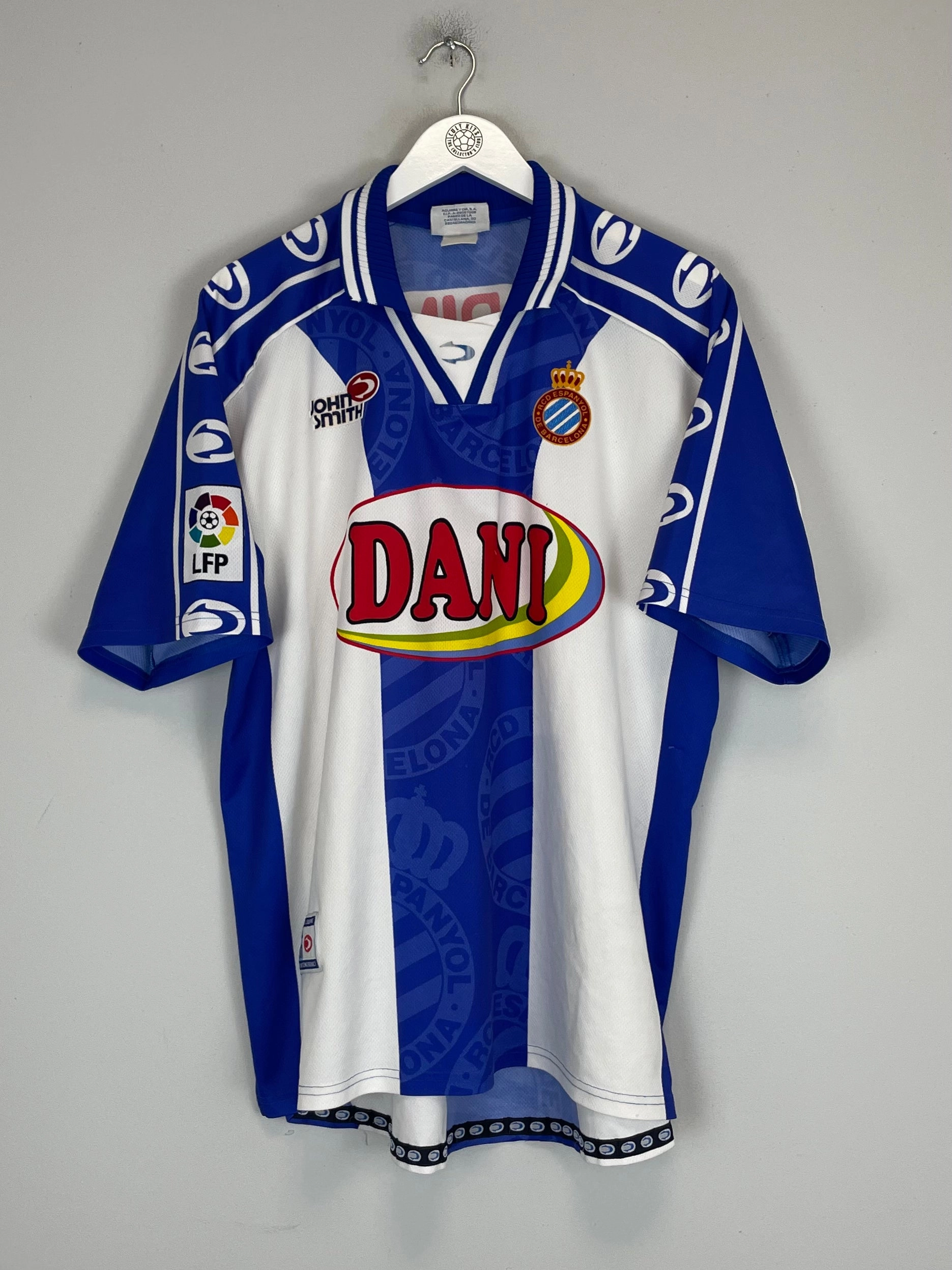 1999/00 ESPANYOL CORINO #6 *MATCH ISSUE* HOME SHIRT (L) JOHN SMITH Adjustable Hem Drawstring Breathable Jersey Material