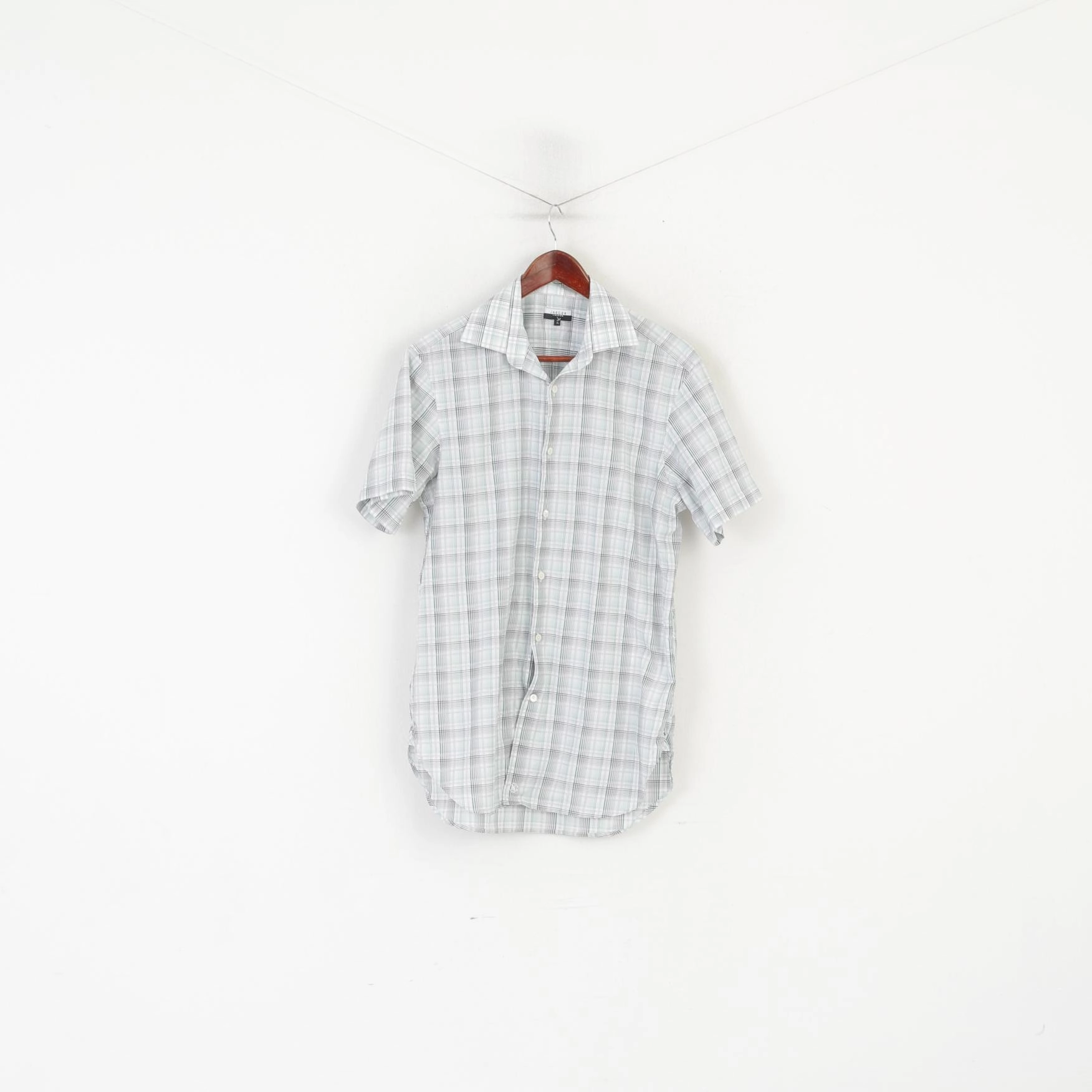 Jaeger London Men 15 S Casual Shirt Green Check Cotton Short Sleeve Top High-End Fabric Vintage Wash