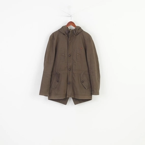 Mid Season Fly53 Men L Jacket Parka Hood Cotton Green Full Zipper Vintage Cotton Pockets Top