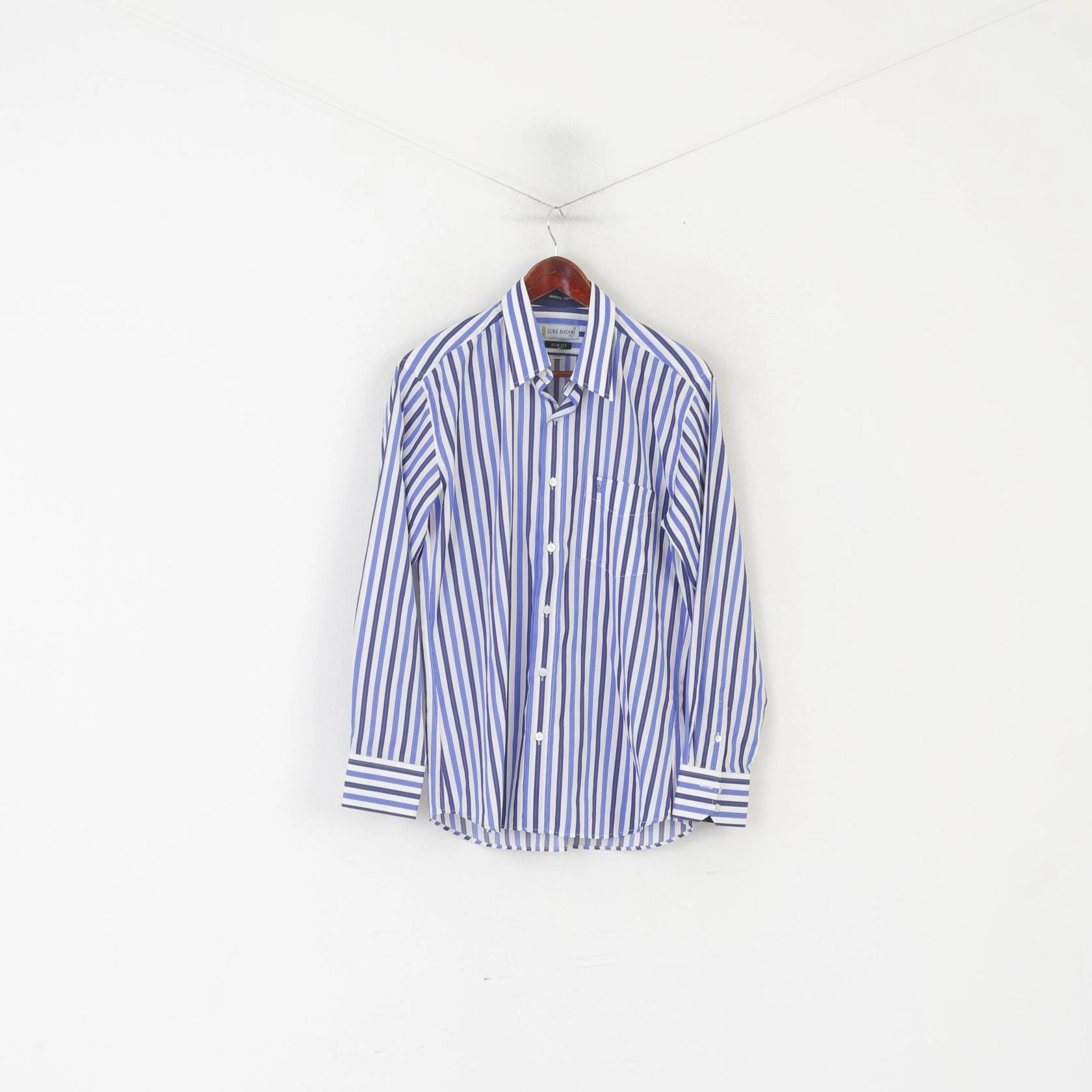 Checkered Style Luigi Batani Men L Casual Shirt Blue Striped Slim Fit Italy Long Sleeve Top
