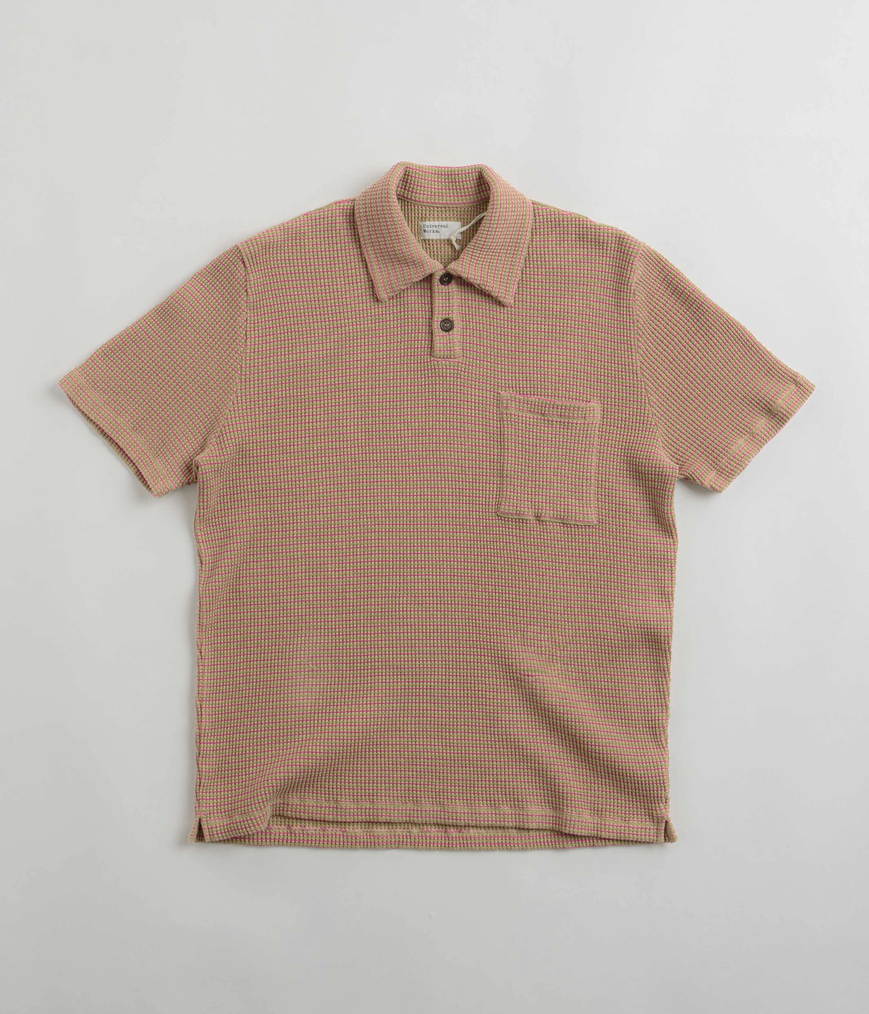 Universal Works Newlyn Short Sleeve Polo Shirt - Summer Oak Adjustable Cuff Closure Summer Vibes