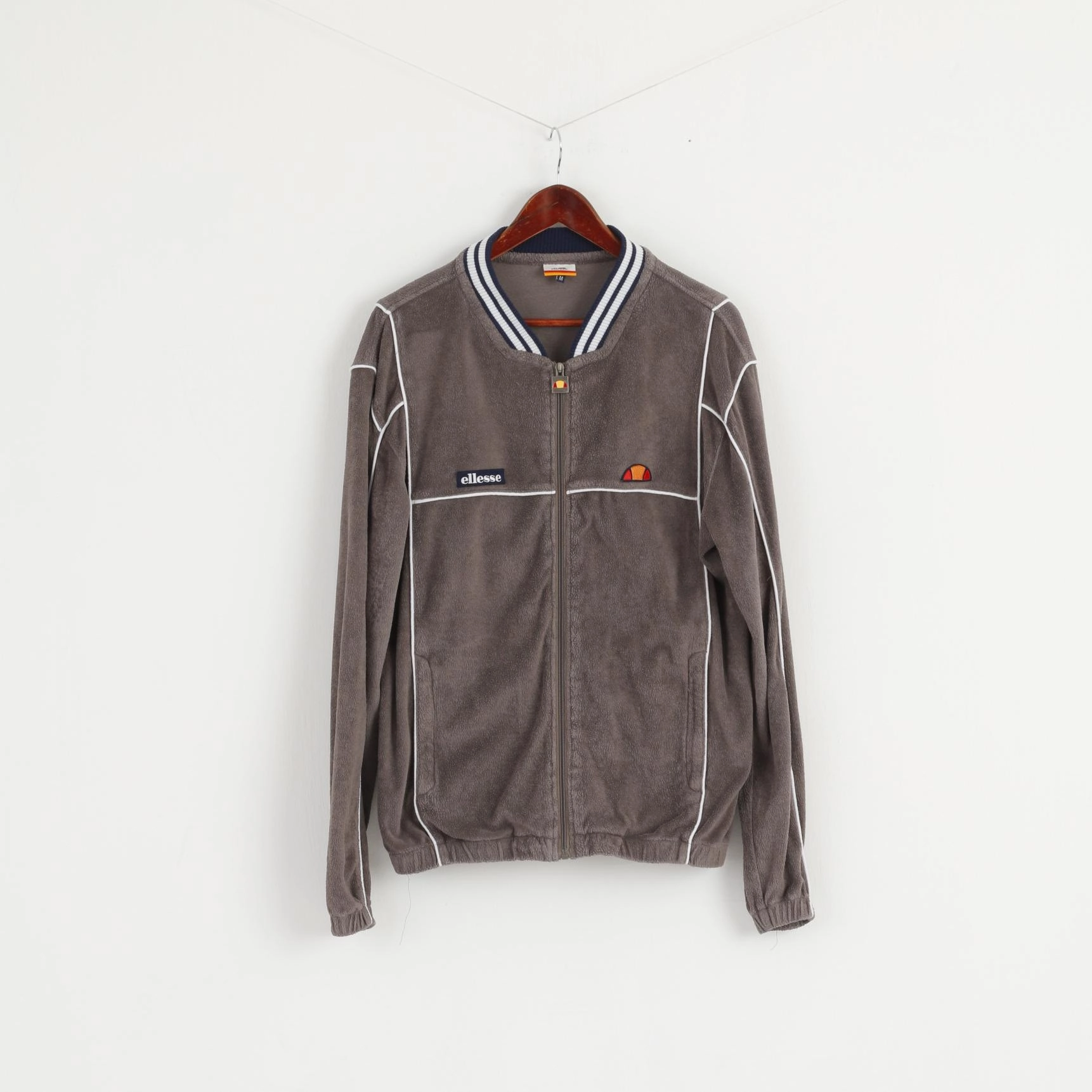 Warm Ellesse Men M Sweatshirt Grey Vintage Full Zipper Baseball Collar Frotte Top