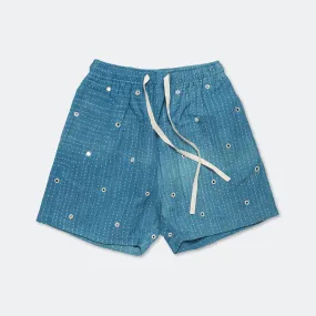 Mirror Shorts - Kuntha Embroidery Indigo/Ecru Port Pocket Design Coastal Style