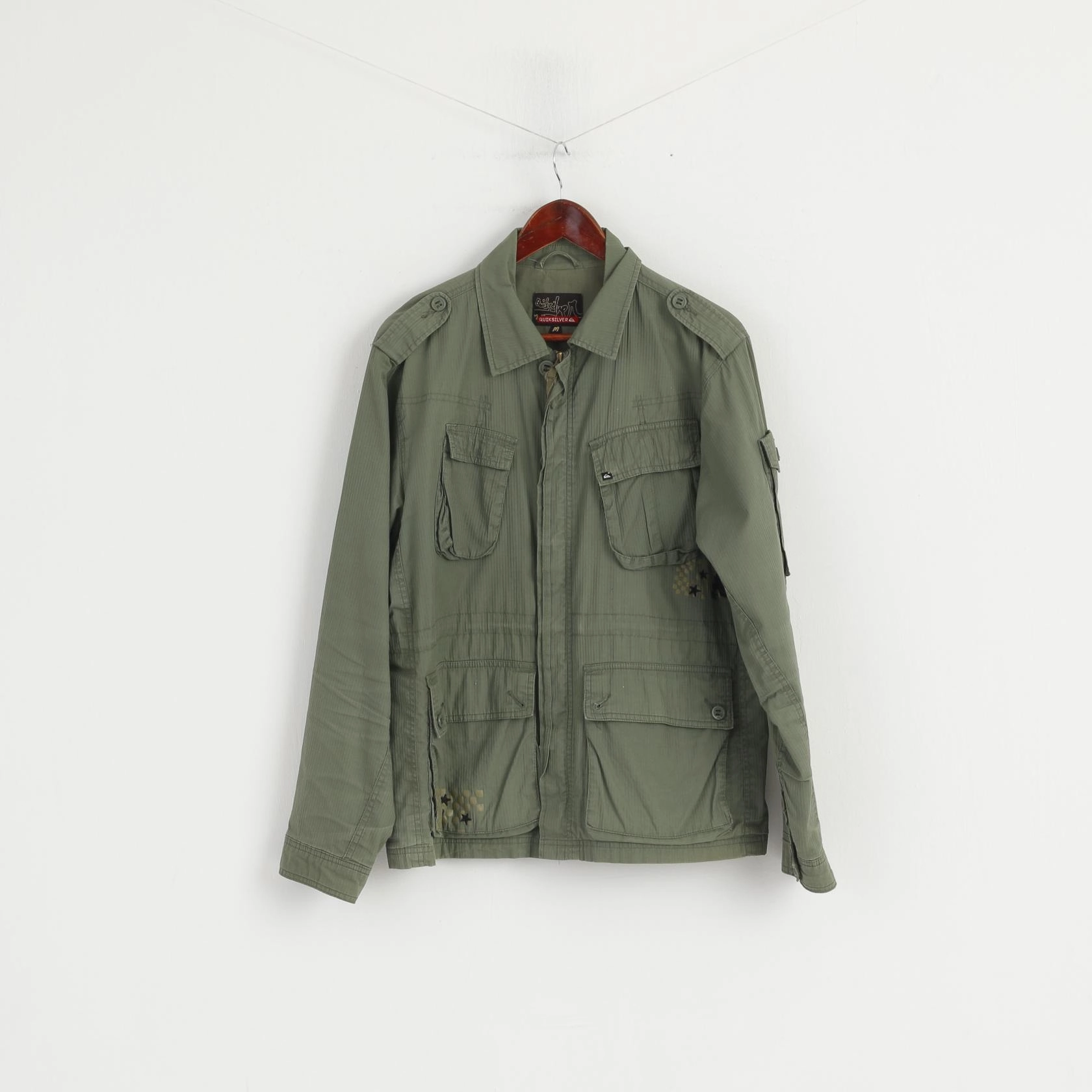 Versatile Layering Quiksilver Men M Jacket Green Cotton Garland Plain Multi Pockets Zip Up Top