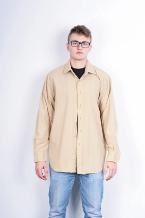 Weekend Casual Fitted Design Feraud Paris Mens 44 17.5 Casual Shirt Beige Cotton