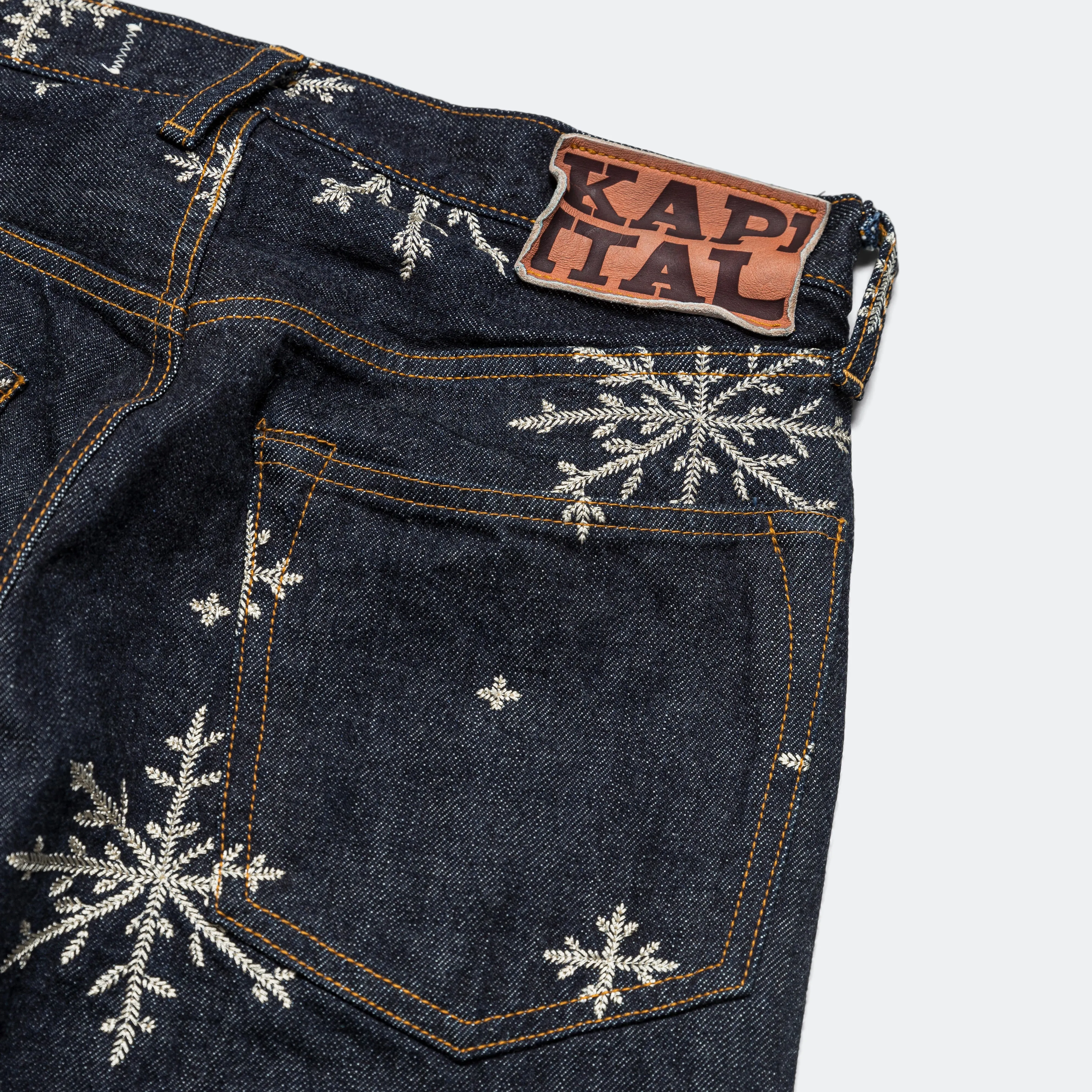 No Gap Waist Smooth Texture 14oz Denim SNOW Embroidery 5P Jeans - Indigo