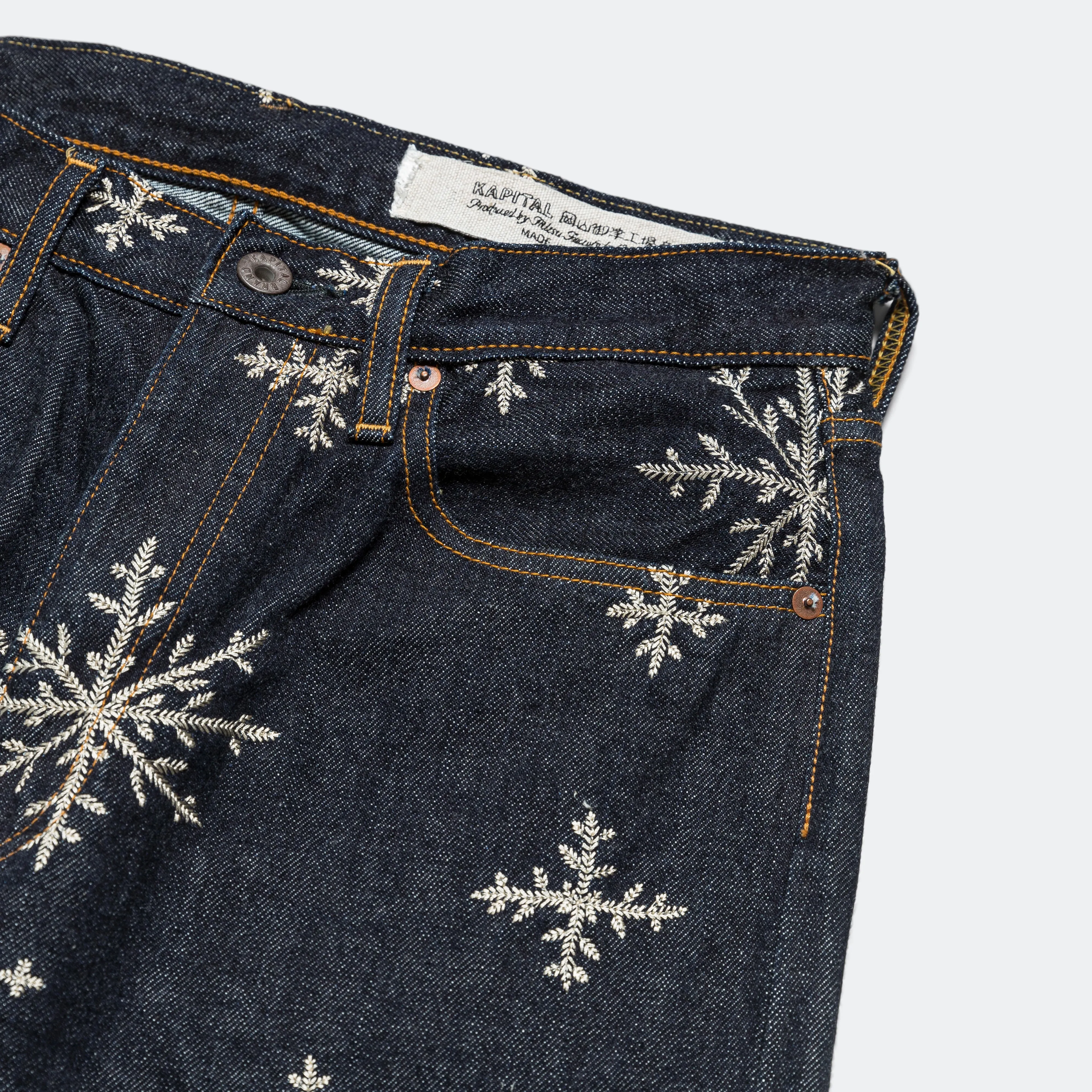 Durable Fabric Relaxed Style Bold 14oz Denim SNOW Embroidery 5P Jeans - Indigo