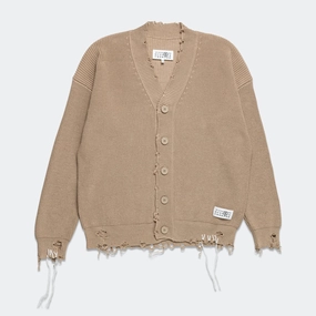 Ribbed Knit Distressed Button-Up Cardigan - Beige