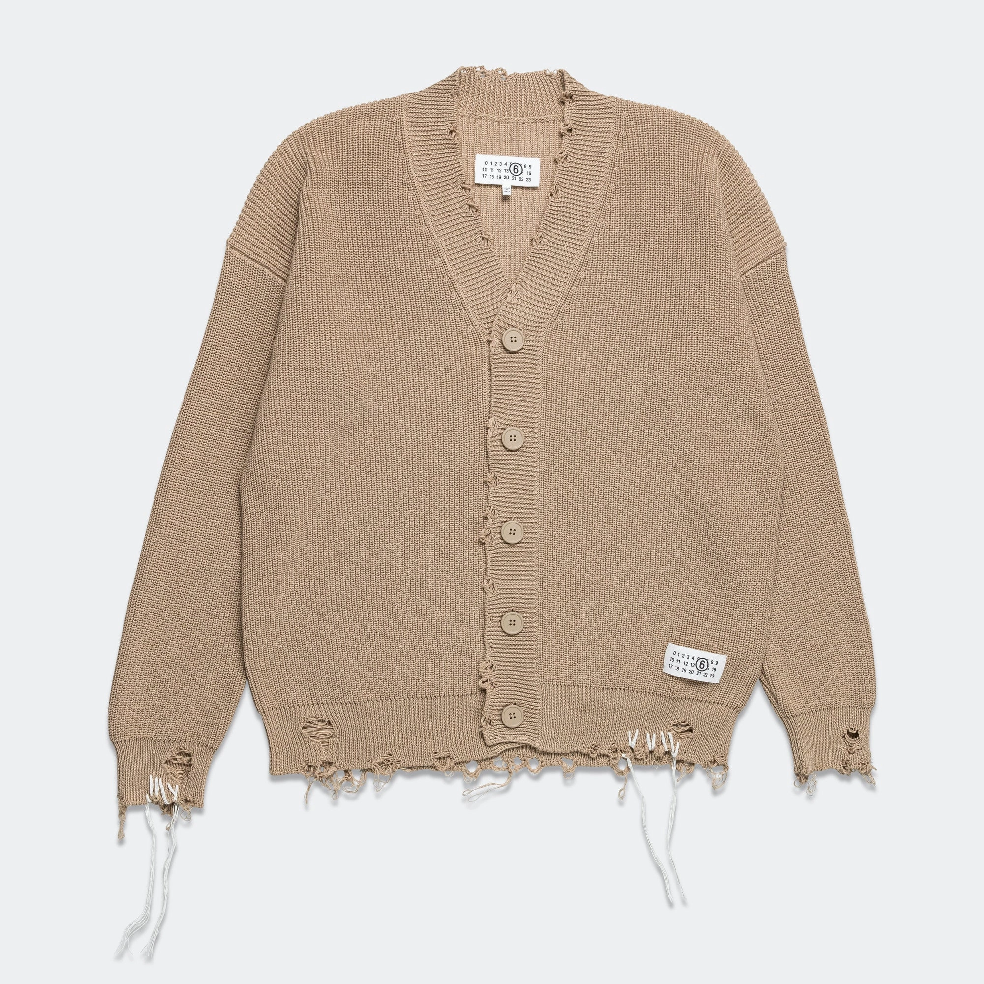 Ribbed Knit Distressed Button-Up Cardigan - Beige