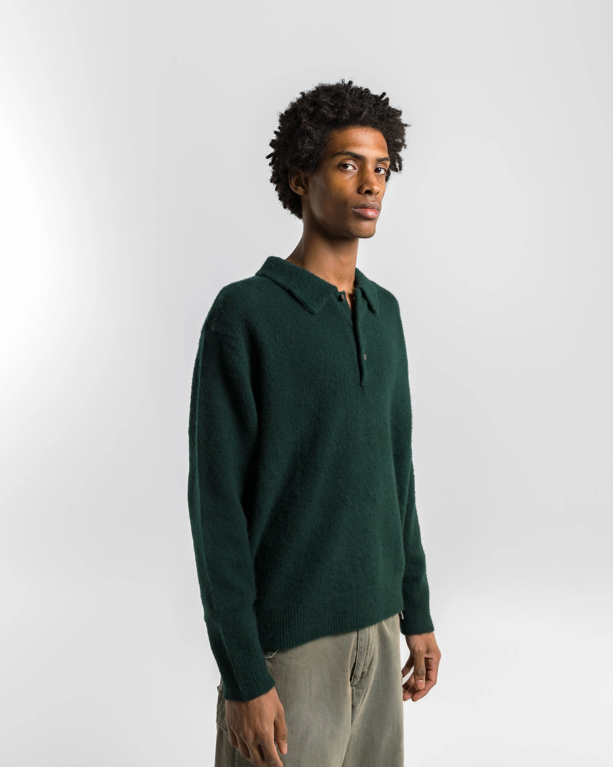 Cashmere Middle Gauge Polo Collar Sweater - Green SheerWeight Knit Flexible Seam Structure