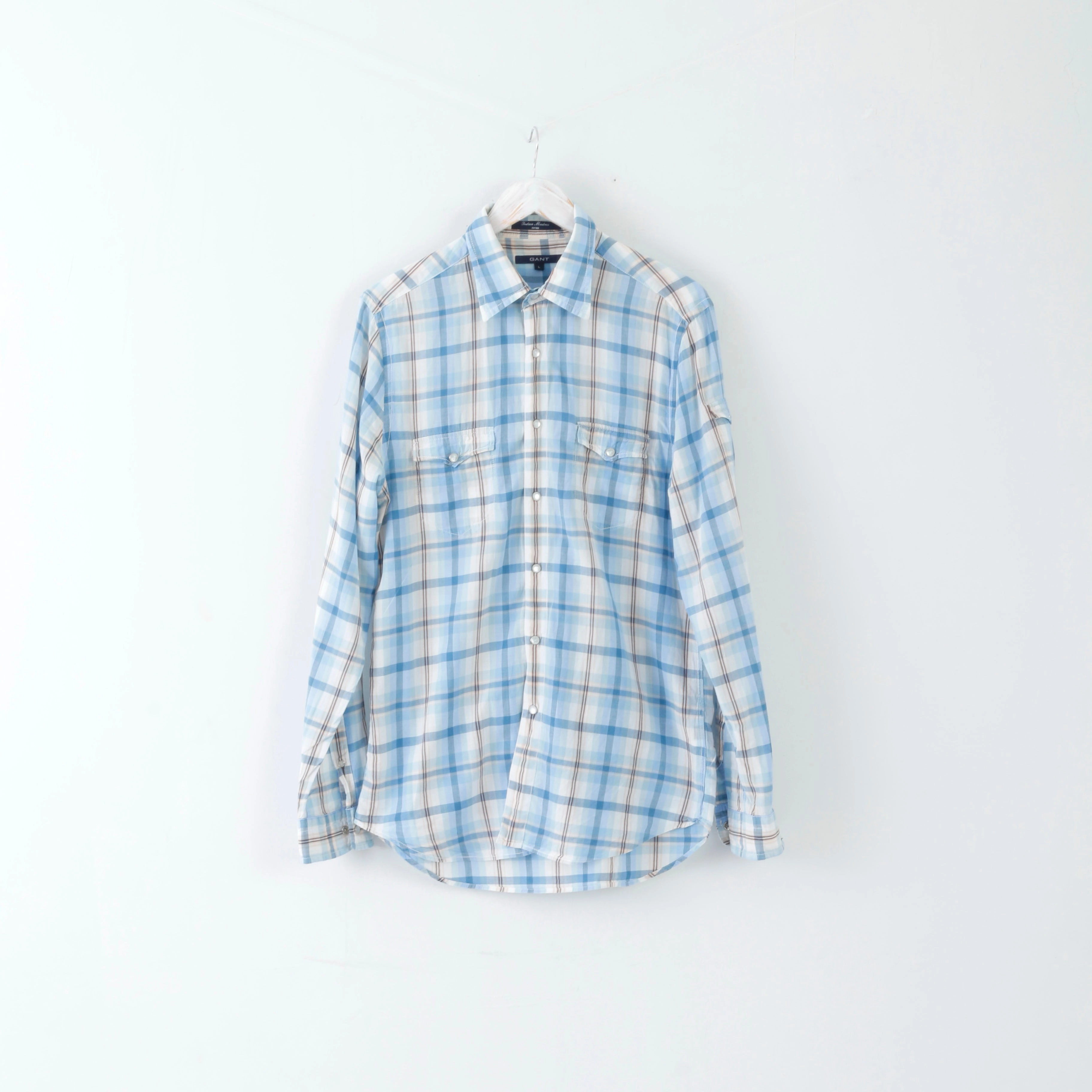 GANT Mens Casual Shirt L Long Sleeve Blue Cotton Checked Fitted Contemporary Look