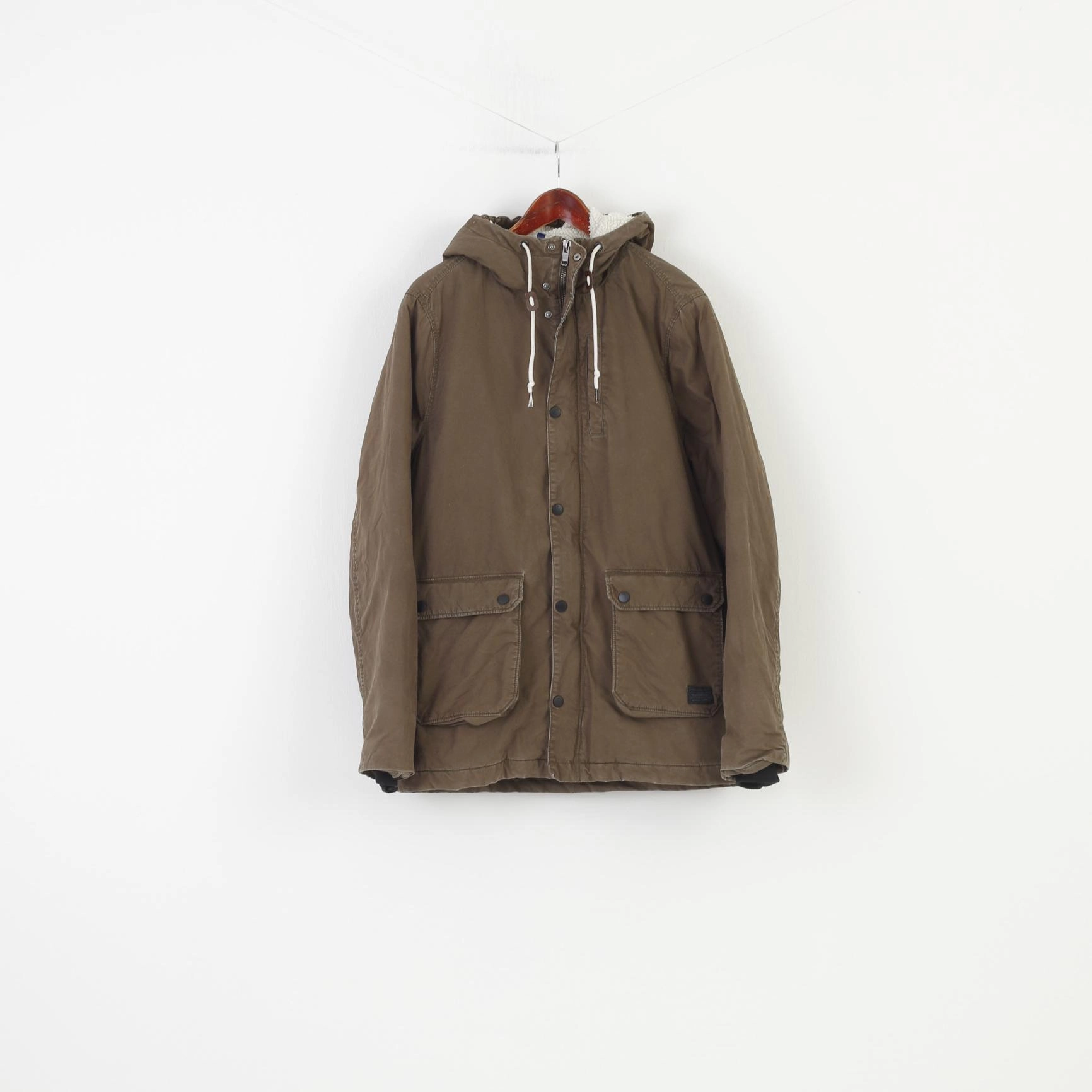 WrinkleResistant H&M Men M Jacket Khaki Padded Cotton Hood Full Zipper Pockets Winter Vintage Top