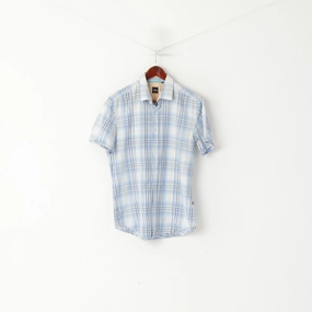 Hugo Boss Men L (M) Casual Shirt Blue Check Cotton Slim Fit Short Sleeve Top Trendy designs Versatile Design