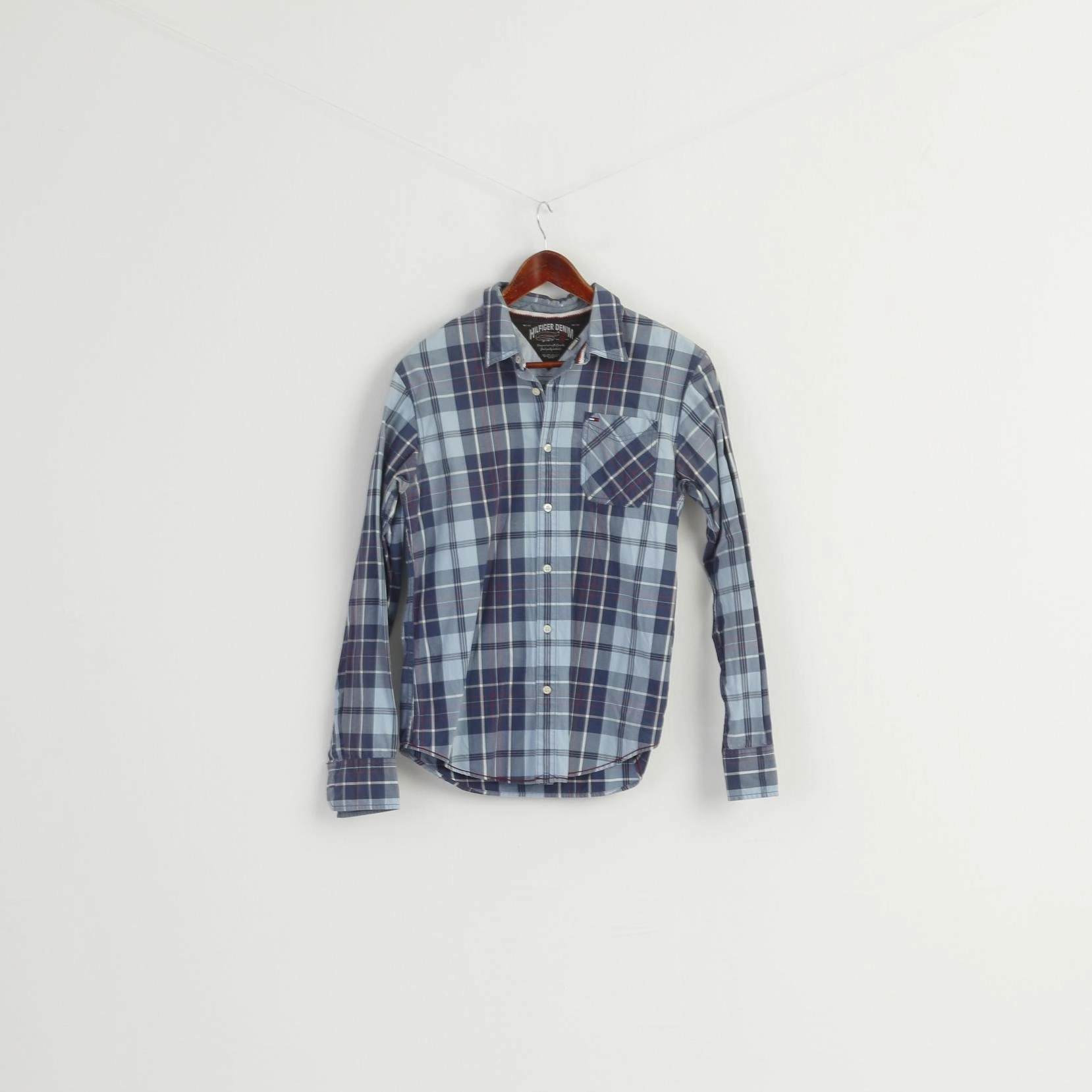 Hilfiger Denim Men S Casual Shirt Blue Check Cotton Vintage Long Sleeve Top bohemian flair
