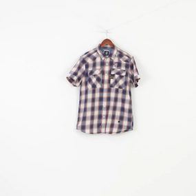 G-Star Raw Men L Casual Shirt Short Sleeve Checkered Navy Cotton Collar Top Military Inspired Multi Layer Stitching