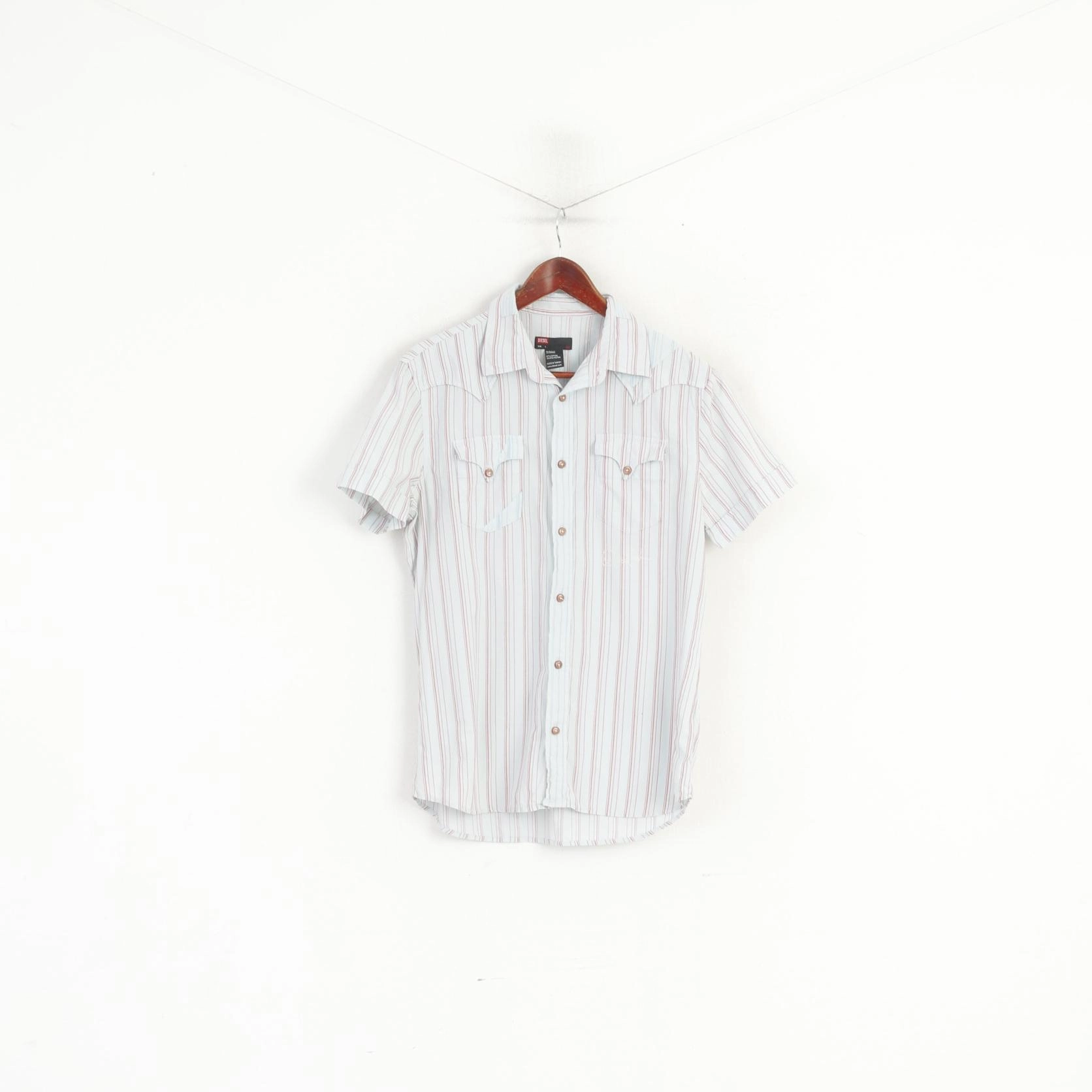 Quick-Dry Edgy Design Diesel Men L (M) Casual Shirt Blue Striped Cotton Pockets Short Sleeve Retro Top