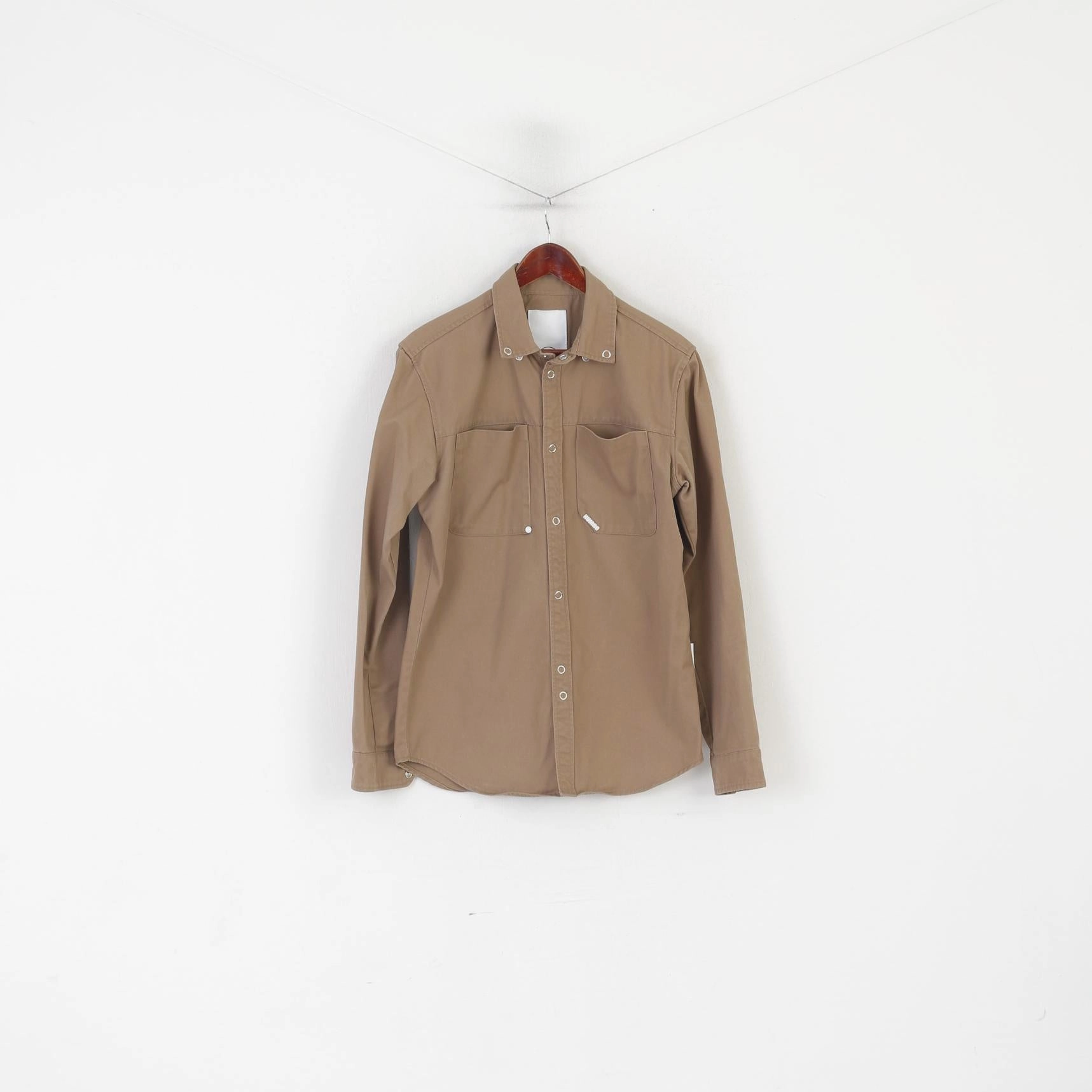 Humor Men M Casual Shirt Brown Cotton Long Sleeve Snaps Pockets Heavy Top Current Style High-End Look