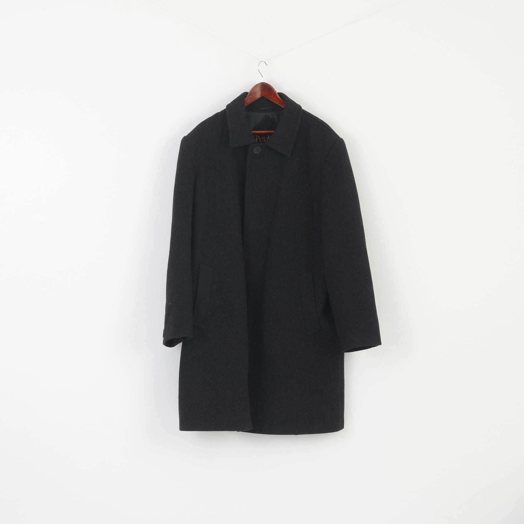 Astya Men 54 L Coat Charcoal Wool Vintage Single Breasted Shoulder Pads Overcoat Short