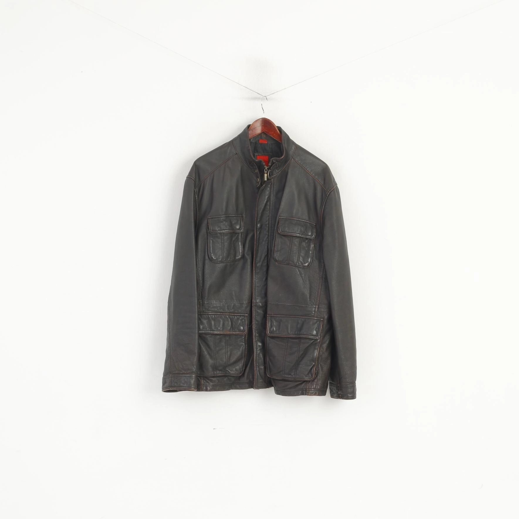 suitable for sports games S. Oliver Men XXL Leather Jacket Dark Brown Multi Pockets Full Zipper Classic Top