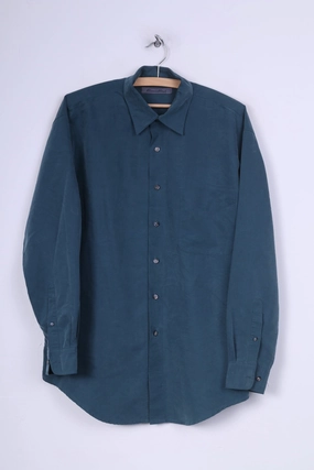 Florentino London Mens M Casual Shirt Dark Green Long Sleeve Vintage Layered Hemline Vibrant Colors