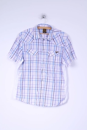 Multi Layer Stitching Elegant Finish FLY 53 Mens XXL (M)  Casual Shirt White  Blue Checkered Cotton Short Sleeve