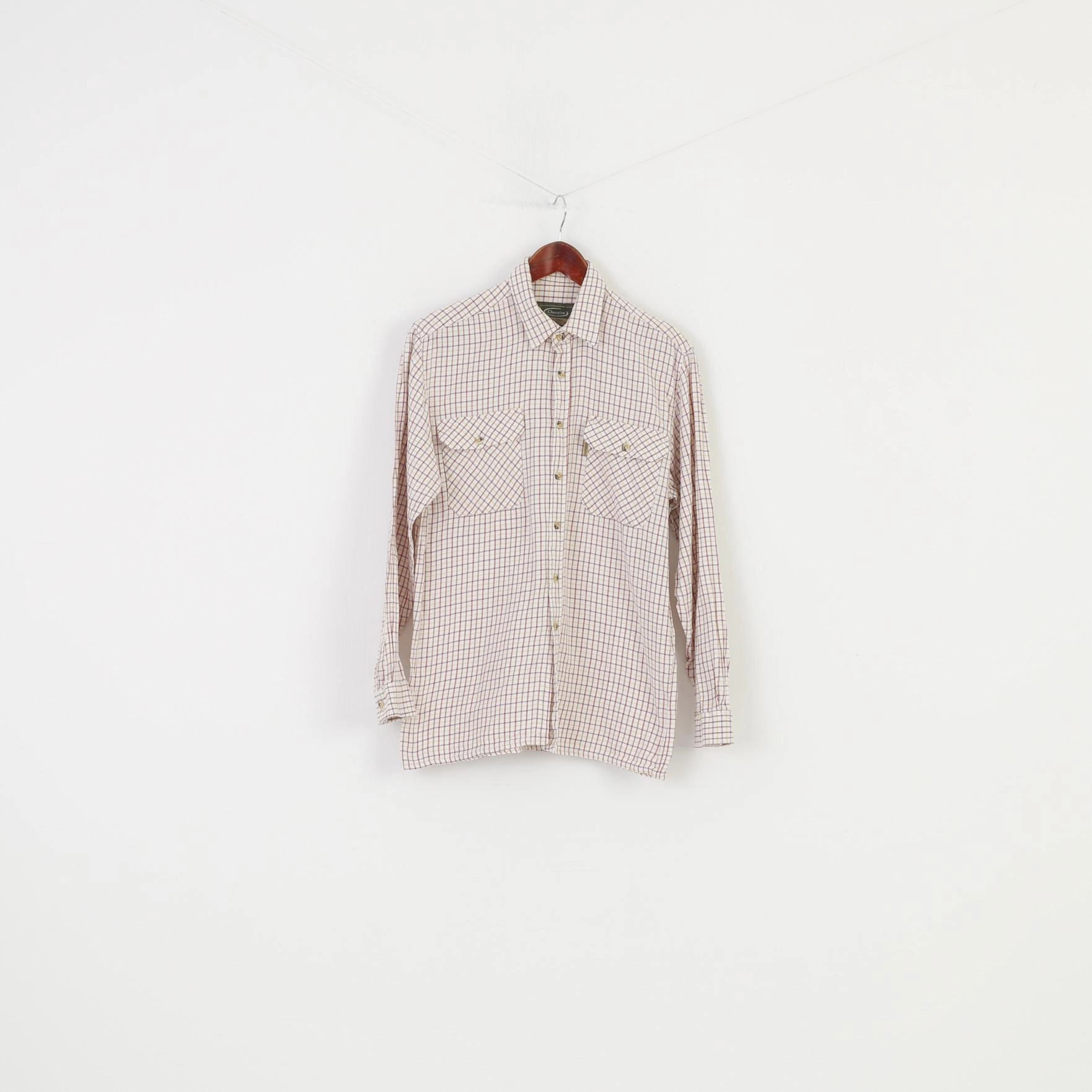 Champion Men M Casual Shirt Cotton Checkered White Long Sleeve Classic Fit Top Mountain Escape