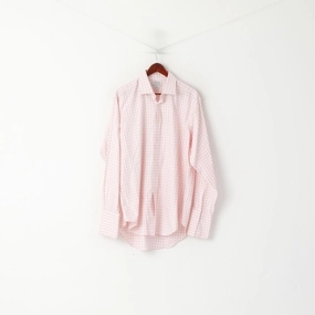 TM Lewin Men 17.5 36 XXL Casual Shirt Pink Check Cotton Long Sleeve Cuff Top Non Restrictive Armhole checkered pattern