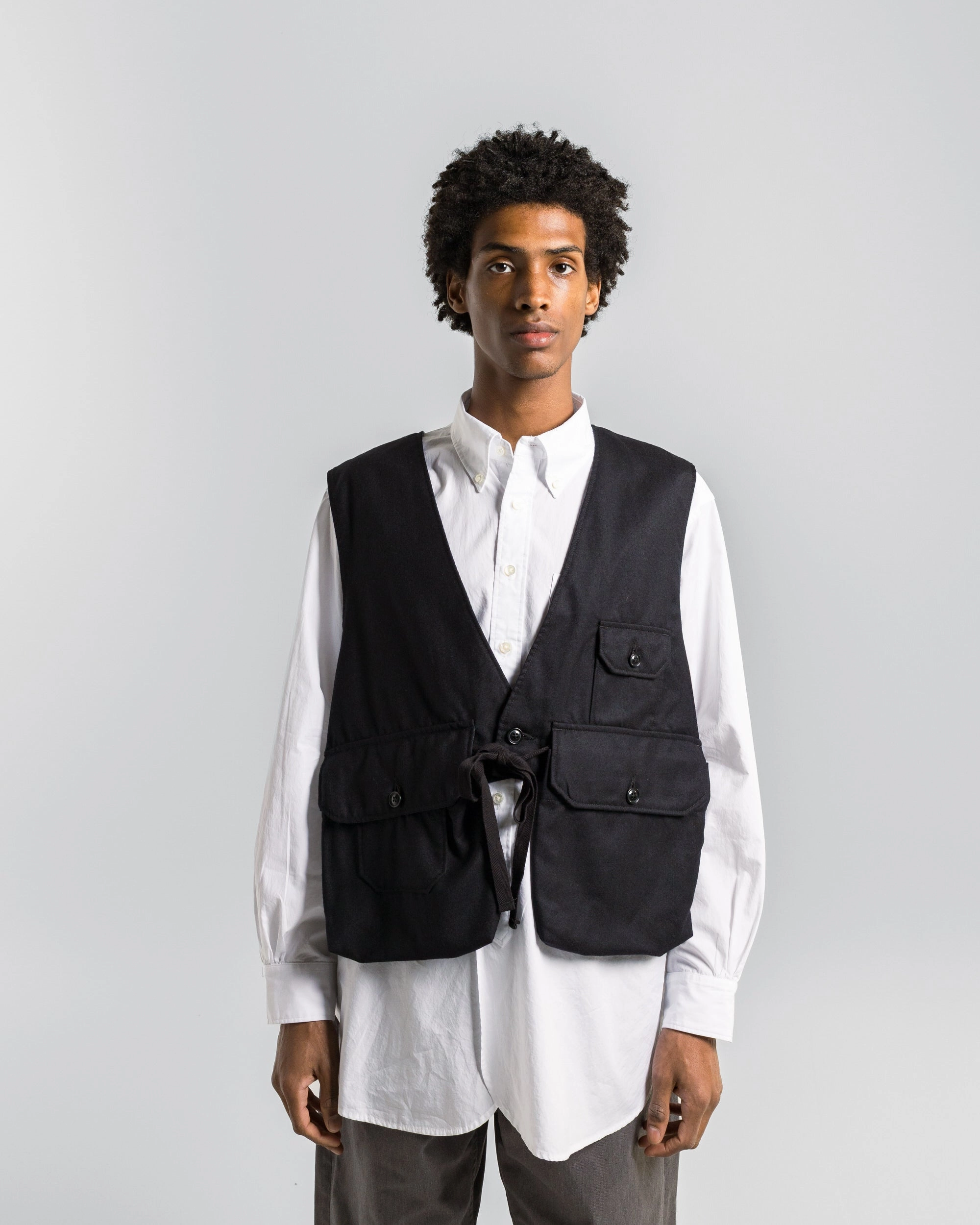 Stand Up Collar Fowl Vest - Dark Navy High Count Worsted Wool