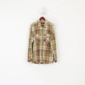 youth trend Freeman Sport Men XL Casual Shirt Brown Green Check Cotton Long Sleeve Top