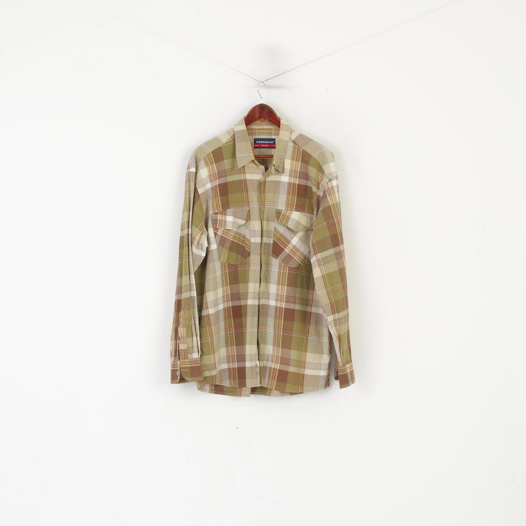 youth trend Freeman Sport Men XL Casual Shirt Brown Green Check Cotton Long Sleeve Top