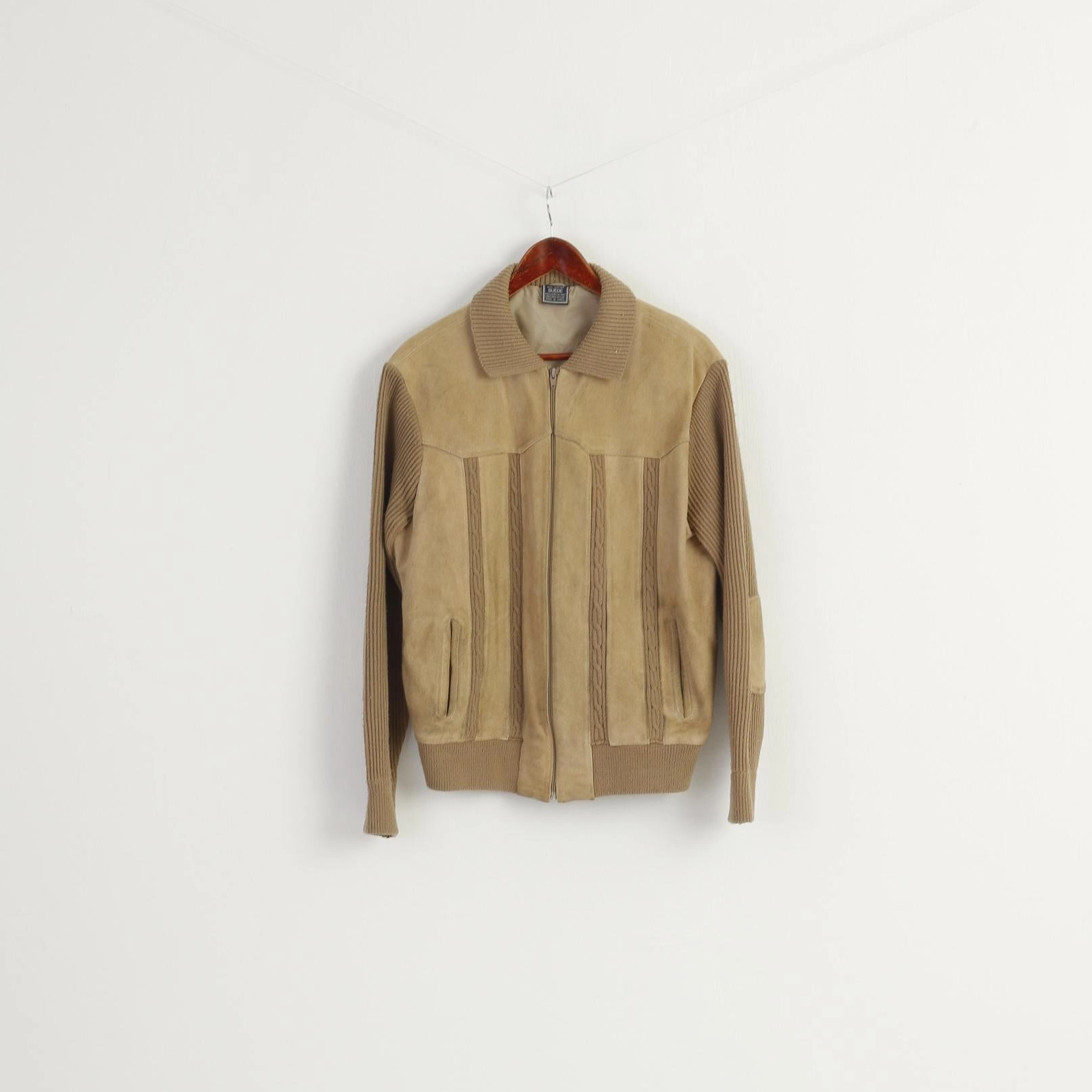 Thank Vintage Men 46 S/M Jacket Beige Suede Leather Knitted Zip Up Retro Classic Korea Top