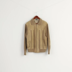 Thank Vintage Men 46 S/M Jacket Beige Suede Leather Knitted Zip Up Retro Classic Korea Top