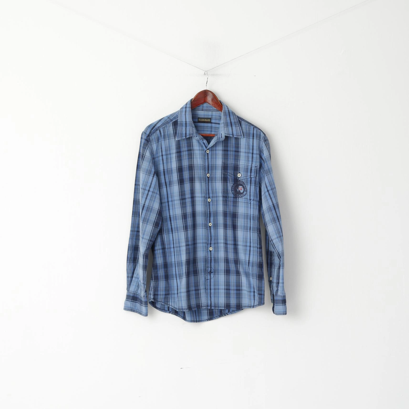Napapijri Men M Casual Shirt Blue Check Cotton Slim Fit Expedition Long Sleeve Top Anniversary Special