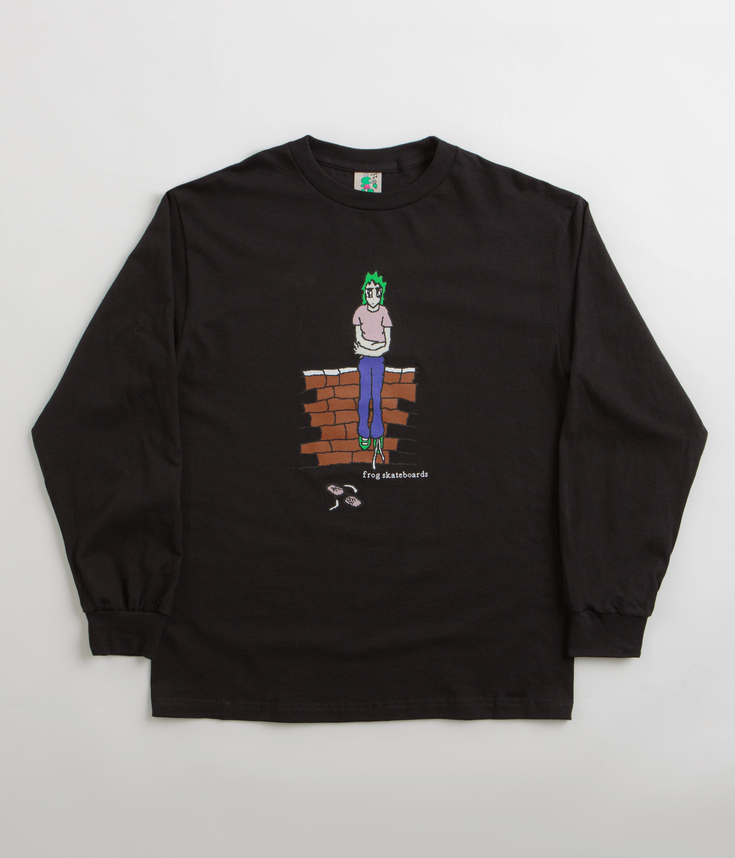 Comfy Layer Relaxed Wearable Frog Broken Glasses Long Sleeve T-Shirt - Black